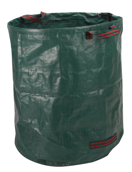 Green garden waste bag with red straps on a white background