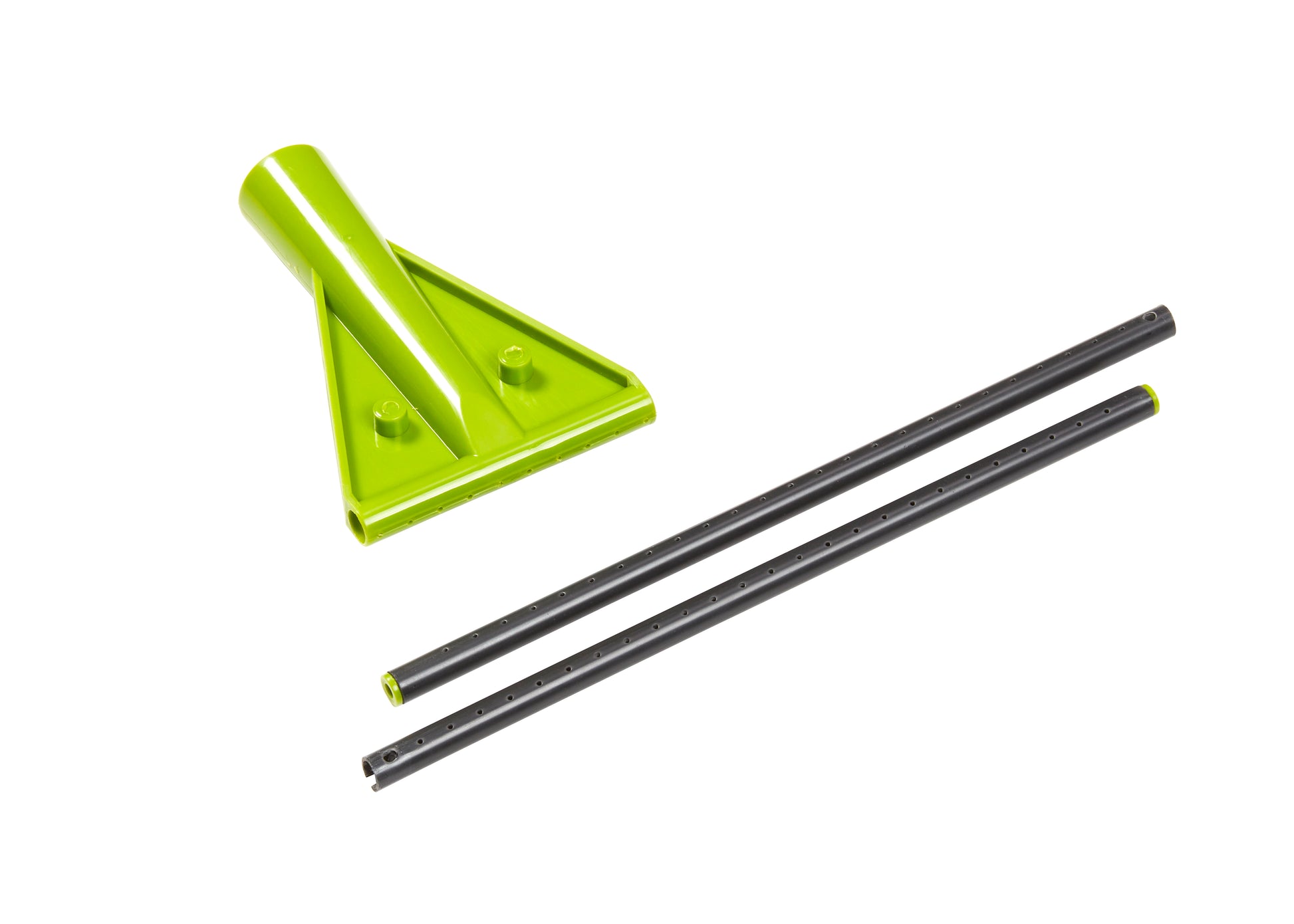 Green window cleaning tool with two black rods on a white background