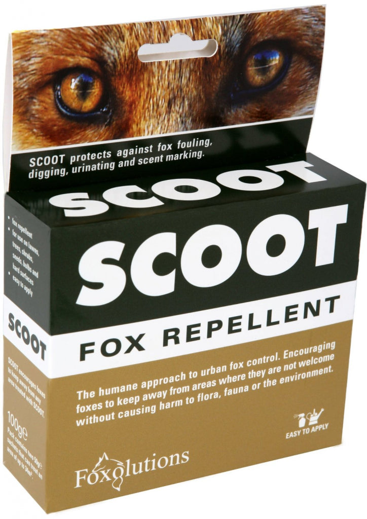 Box of Scoot Fox Repellent with a close-up of a fox's eyes on the packaging.