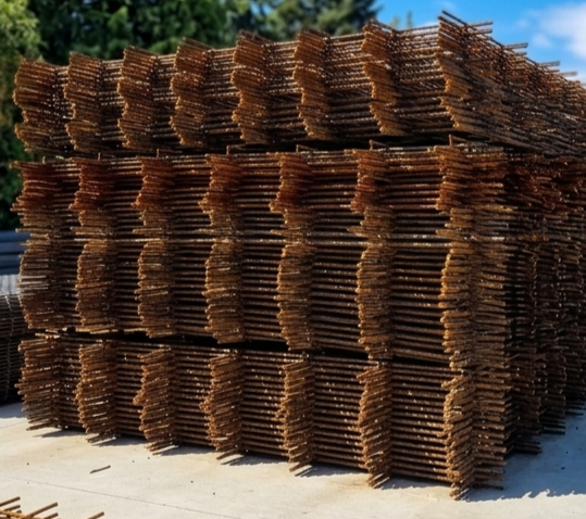 Stack of wooden planks on a concrete surface with a blurred background