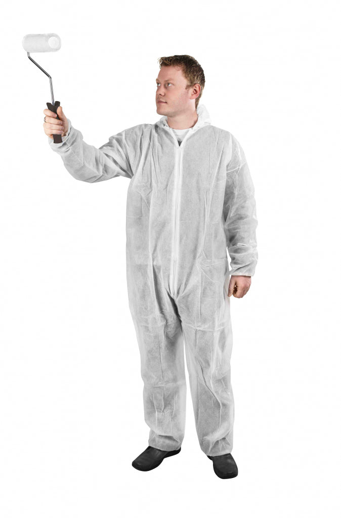 Person wearing a white protective coverall holding a paint roller on a white background
