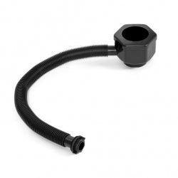 Black flexible hose with a hexagonal fitting on a white background