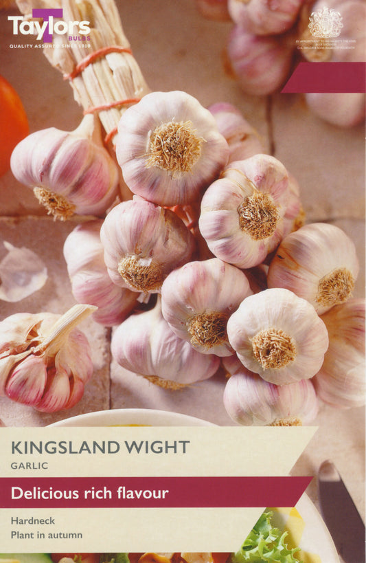 Garlic bulb with 'Taylors' branding on a packaging label.