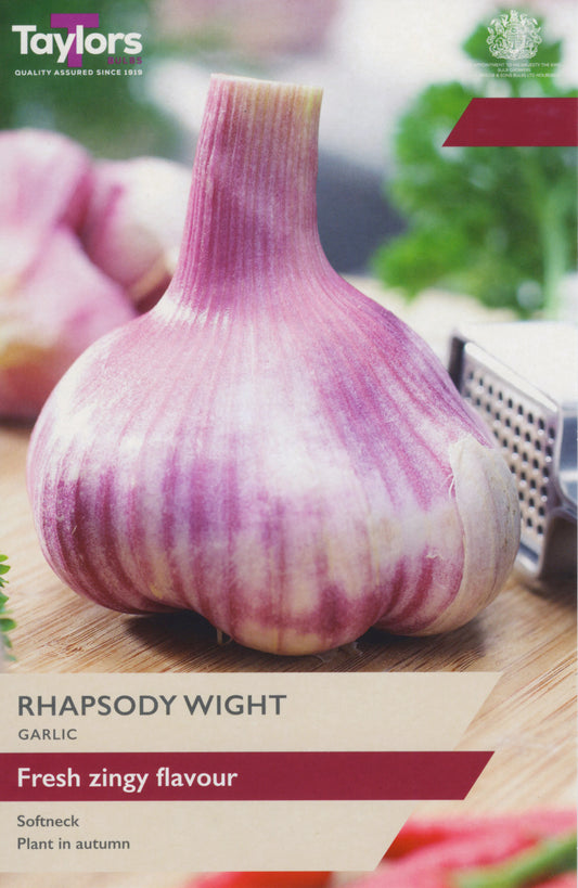 Garlic bulb with 'Taylors' branding on a packaging label