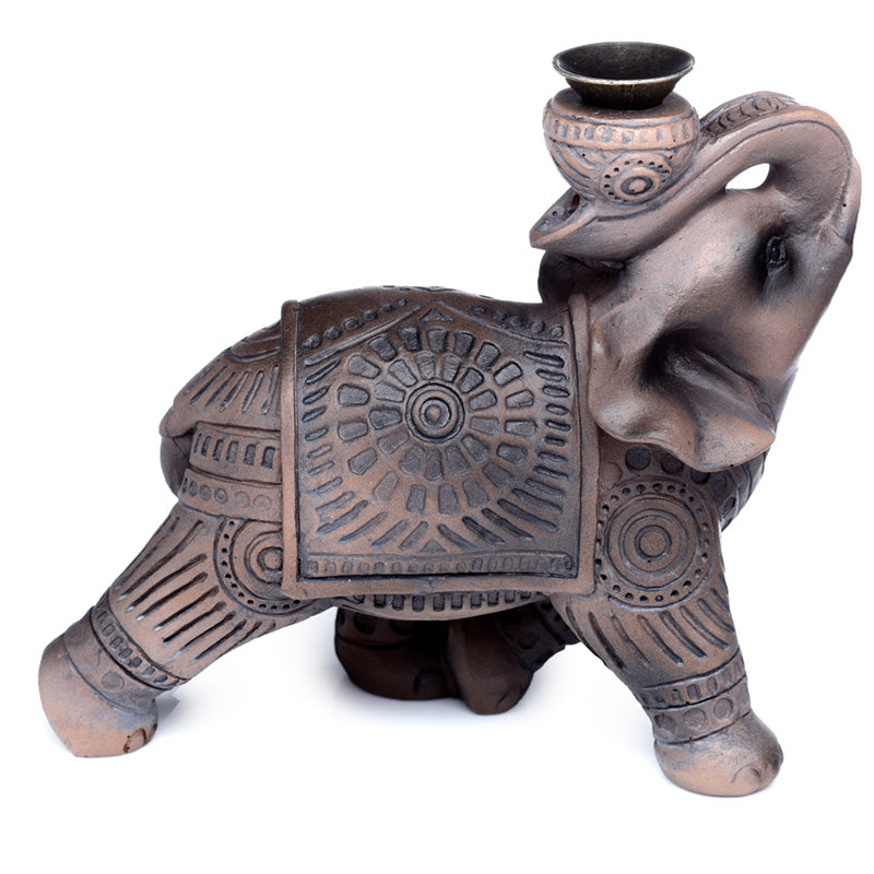 Decorative elephant figurine with intricate patterns on a white background