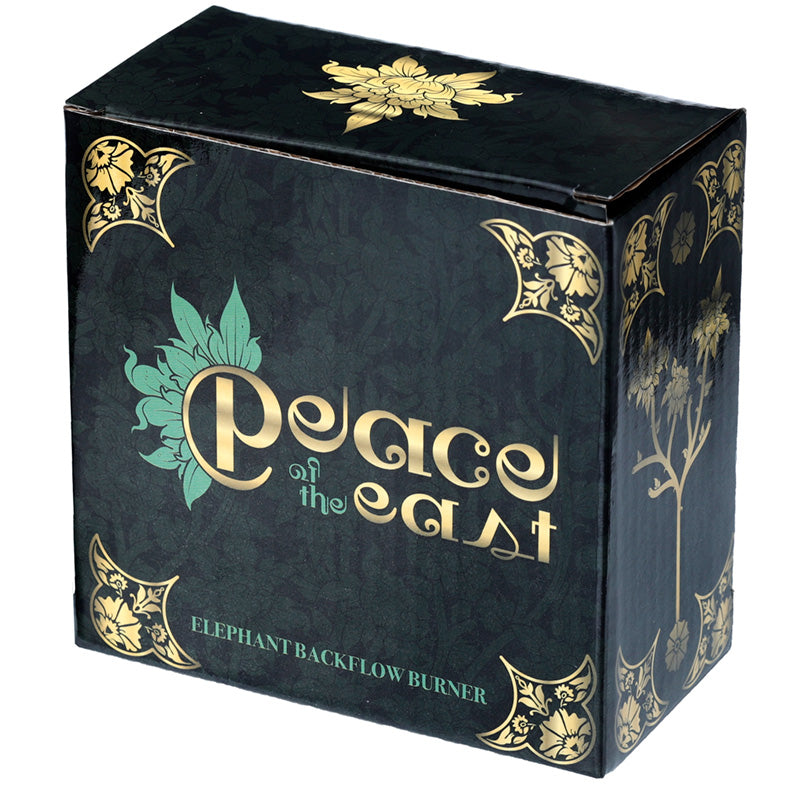 Black box with gold and green decorative elements and 'Peace of the East' branding.