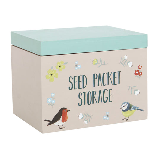 Seed packet storage box with bird illustrations on a beige background