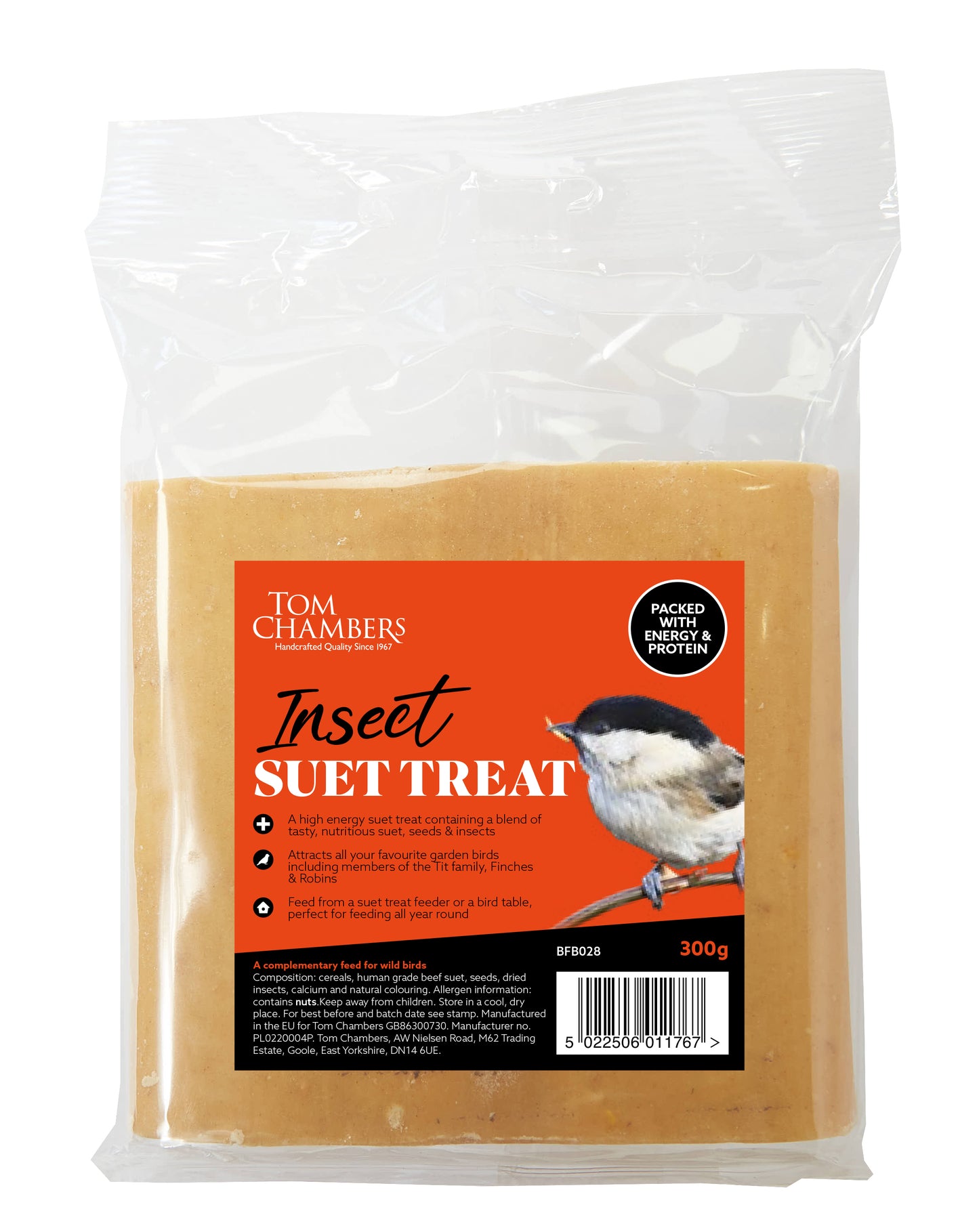 Tom Chambers Insect Suet Treat package with a bird illustration on a white background