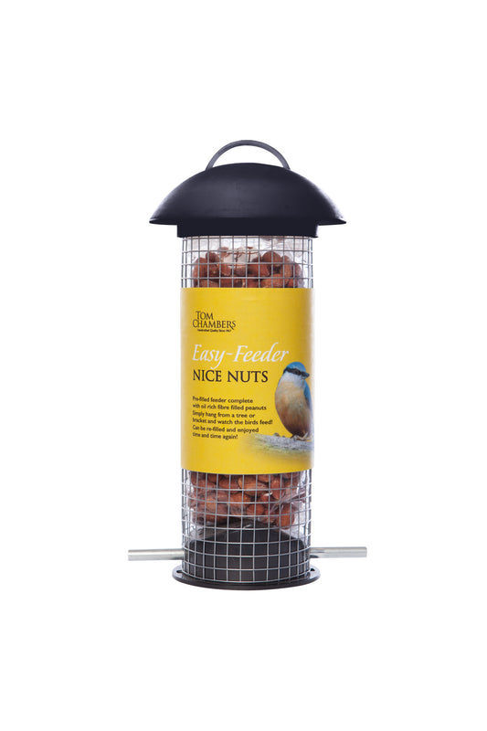 Bird feeder with a yellow label on a white background