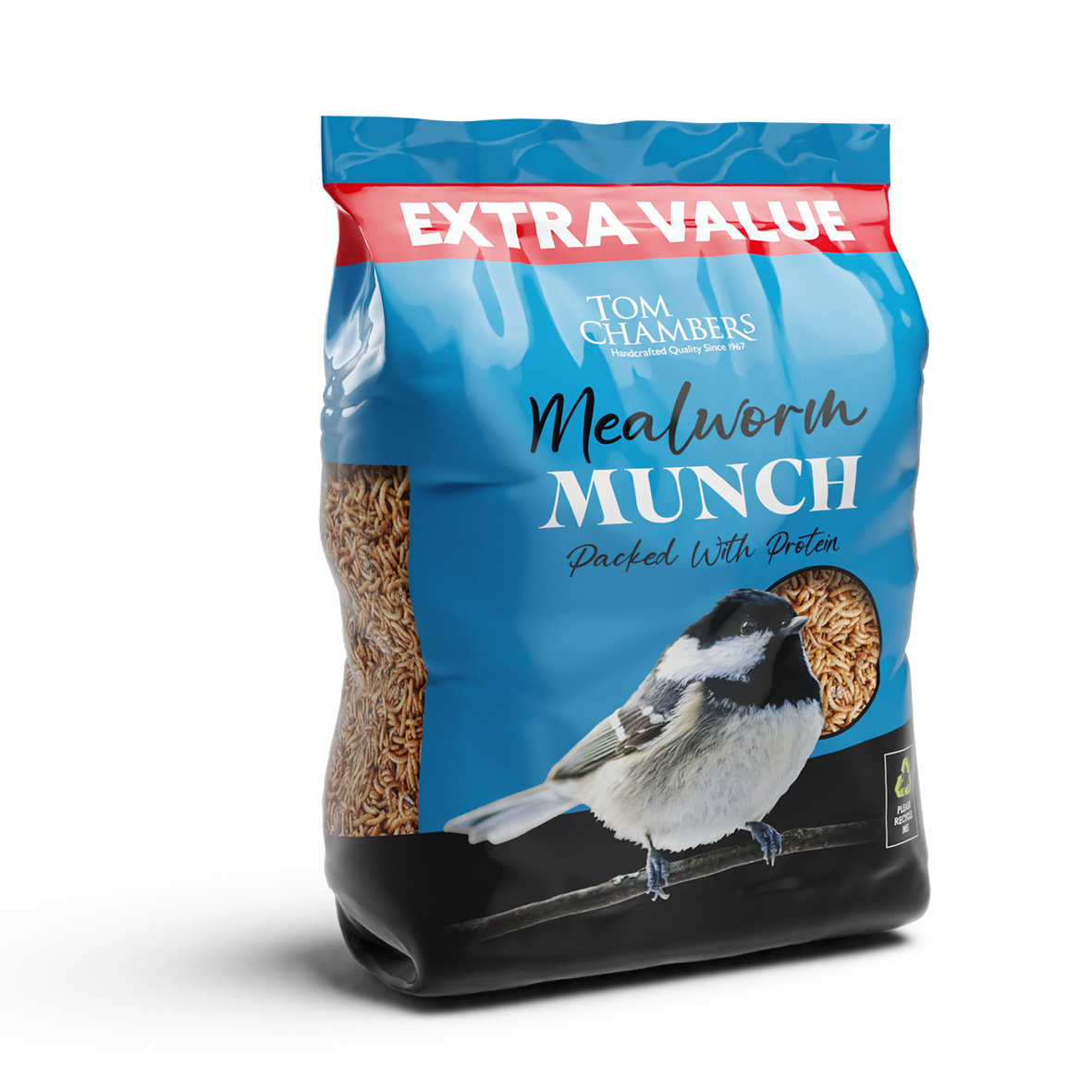 Bag of Tom Chambers Mealworm Munch bird food with a bird illustration on a white background