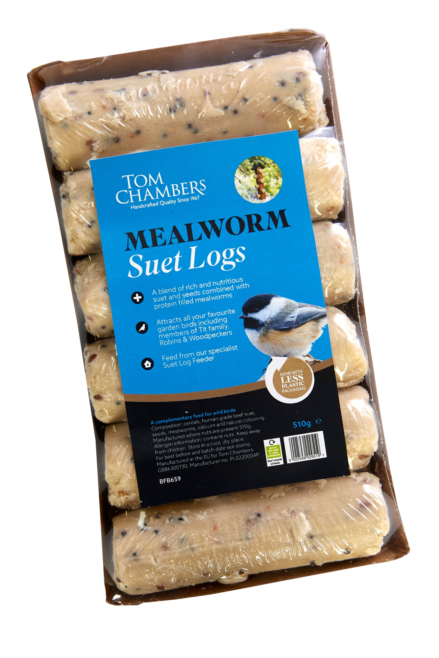 Pack of Tom Chambers Mealworm Suet Logs with a blue label on a white background
