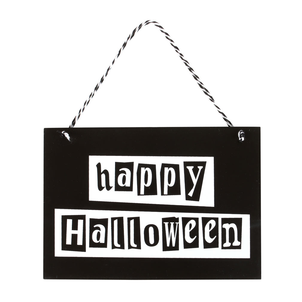 Black sign with 'happy Halloween' text on a white background