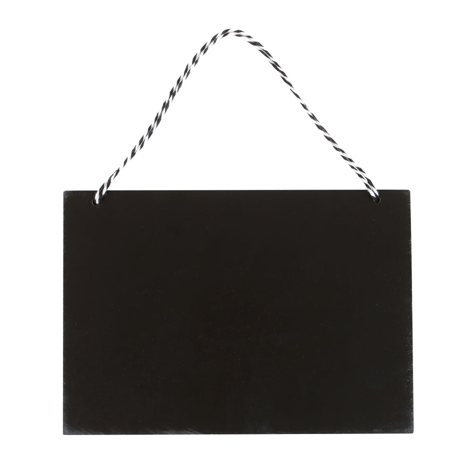 Black rectangular sign with a string for hanging on a white background
