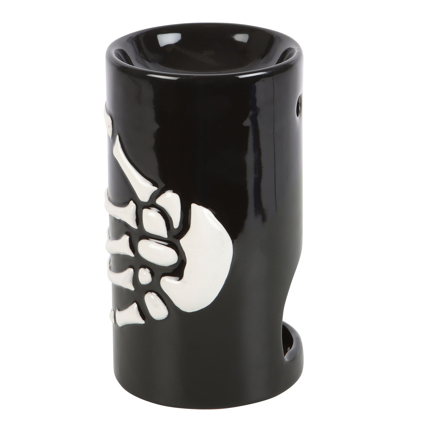 Black cylindrical object with a white skeleton design on a white background