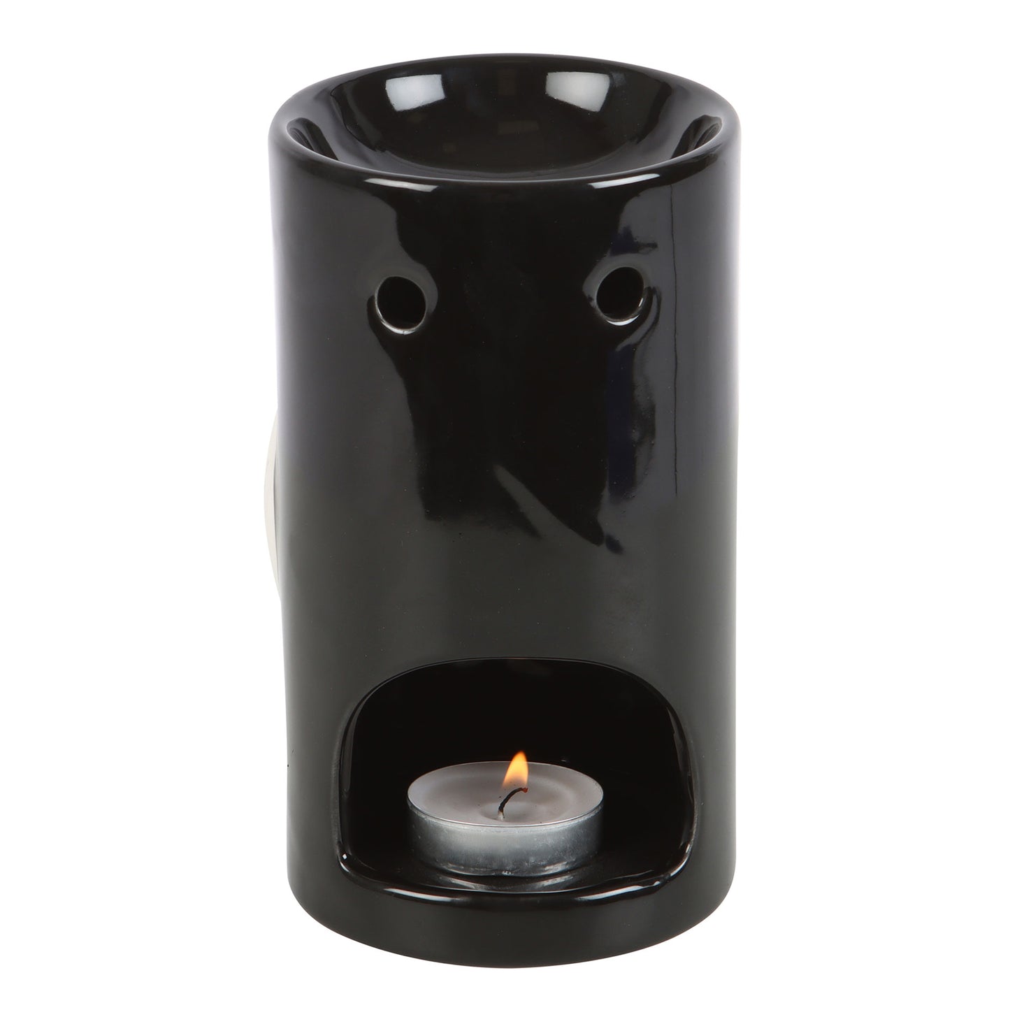 Black ceramic oil burner with a lit tealight candle on a white background