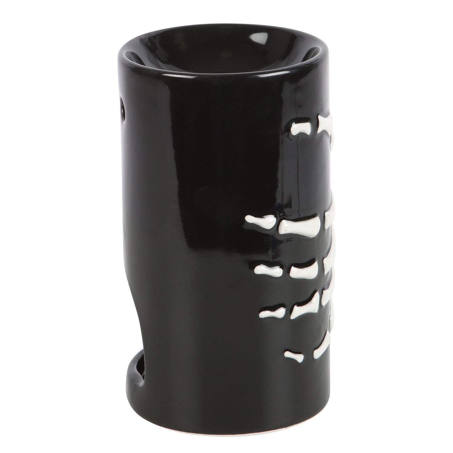 Black ceramic oil burner with bone design on a white background