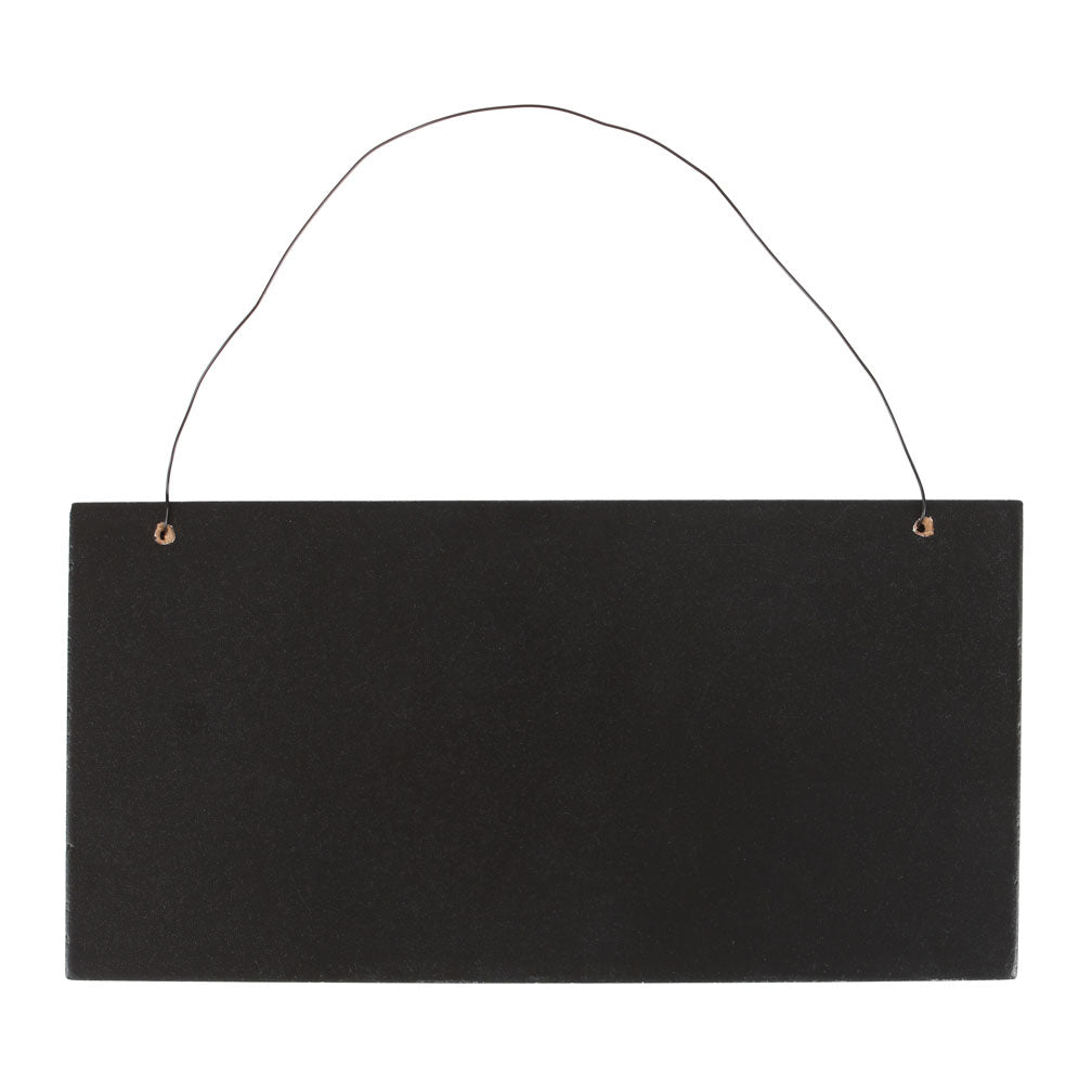 Blank black sign with a wire hook on a white background