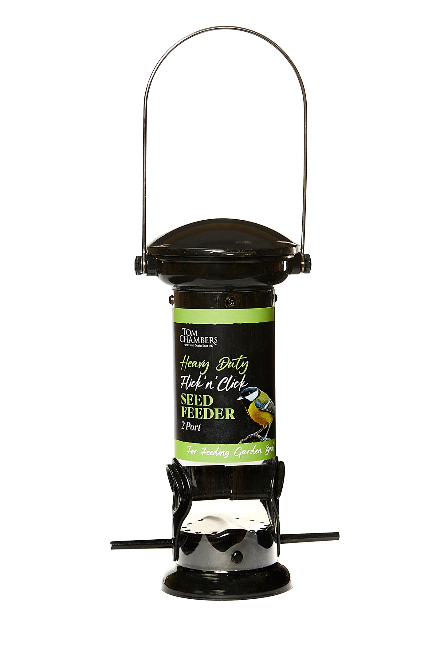 Bird seed feeder with label on a white background