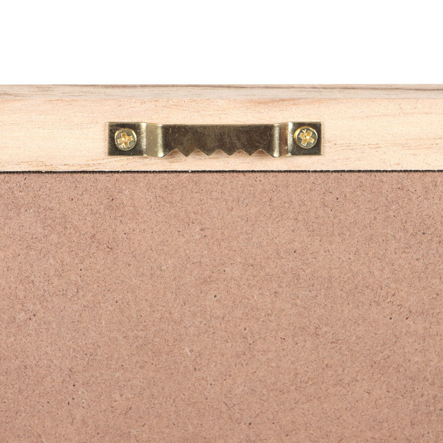Close-up of a wooden frame with a metal corner brace on a white background