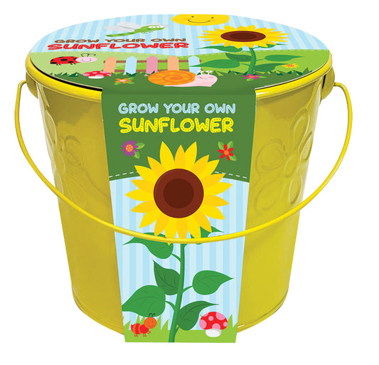 Yellow bucket with sunflower design and text on a white background