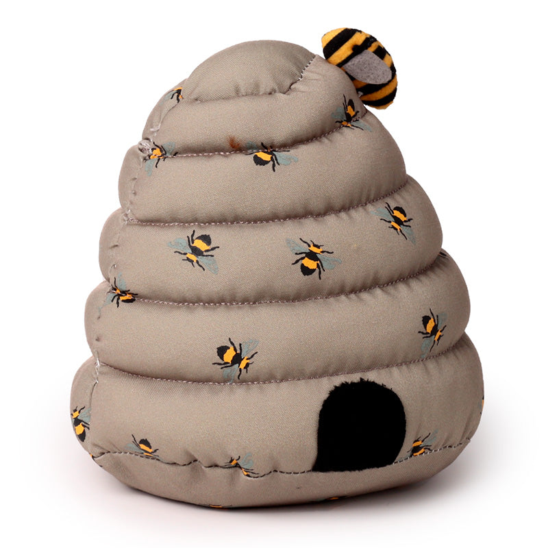 Plush toy bee hive with embroidered bees on a white background