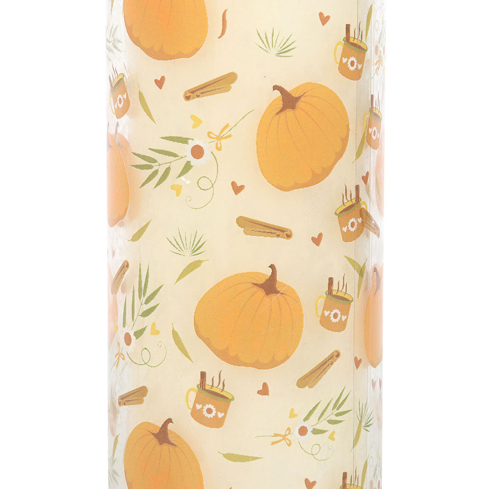 Tumbler with autumn-themed design featuring pumpkins, leaves, and mugs on a beige background.