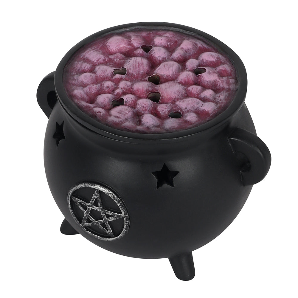 Black cauldron with purple incense and pentagram design on a white background