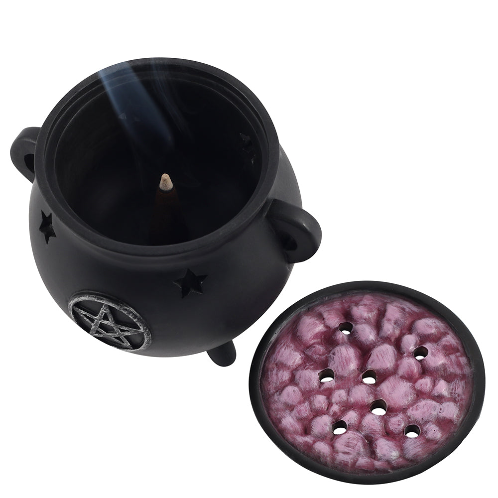 Black incense burner with a pentagram design on a white background
