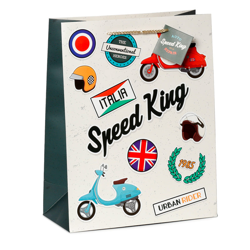 Greeting card with scooter-themed designs and text on a white background