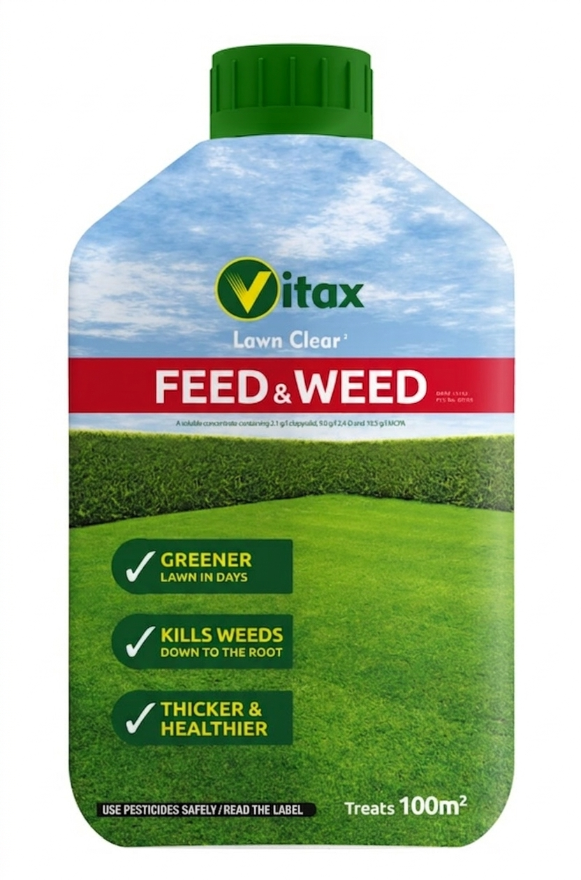 Vitax lawn care product bottle with grassy field and sky design on a white background