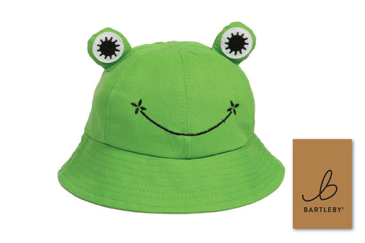 Green frog-themed bucket hat with a visible brand label on a white background