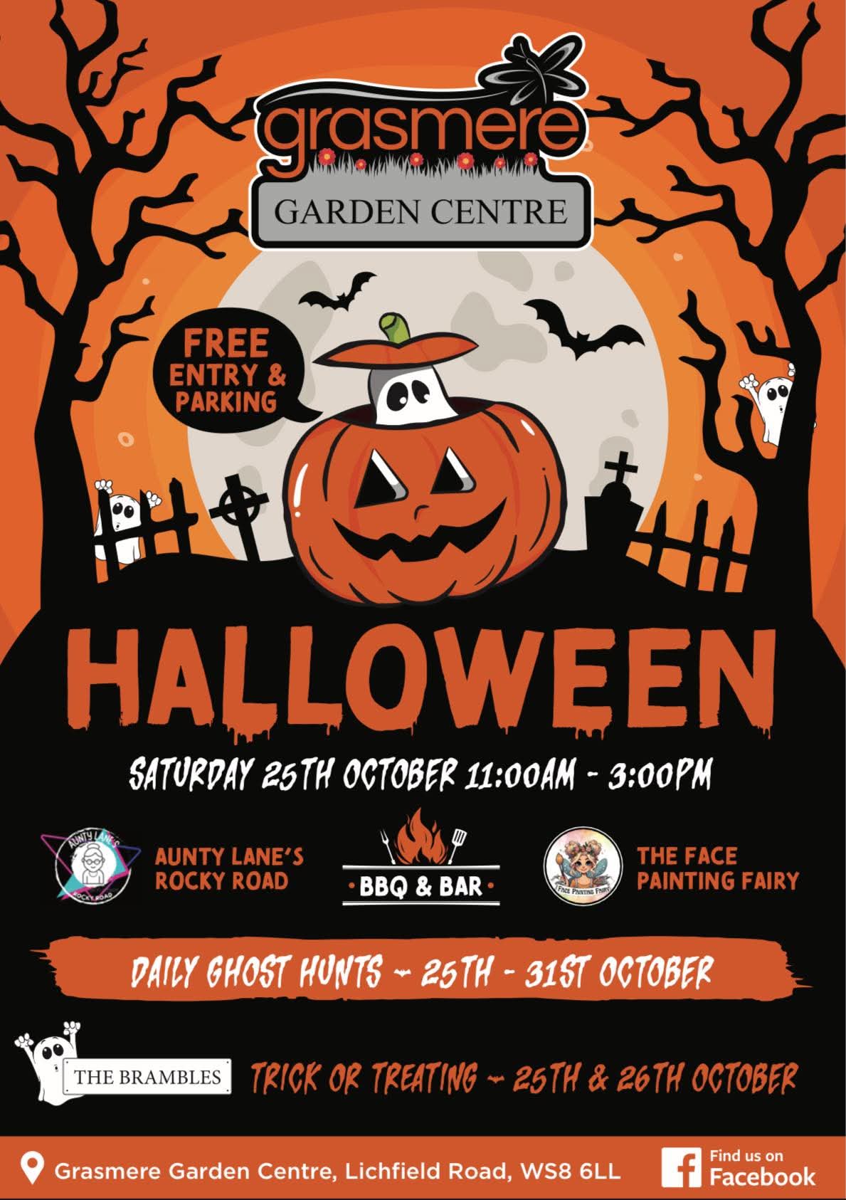 Halloween event flyer for Grasmere Garden Centre with pumpkin, ghosts, and bats on an orange background.