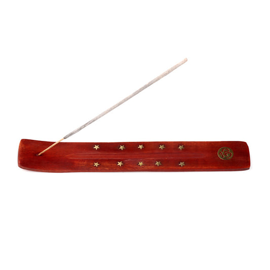 Wooden incense holder with star designs and a brand logo on a white background
