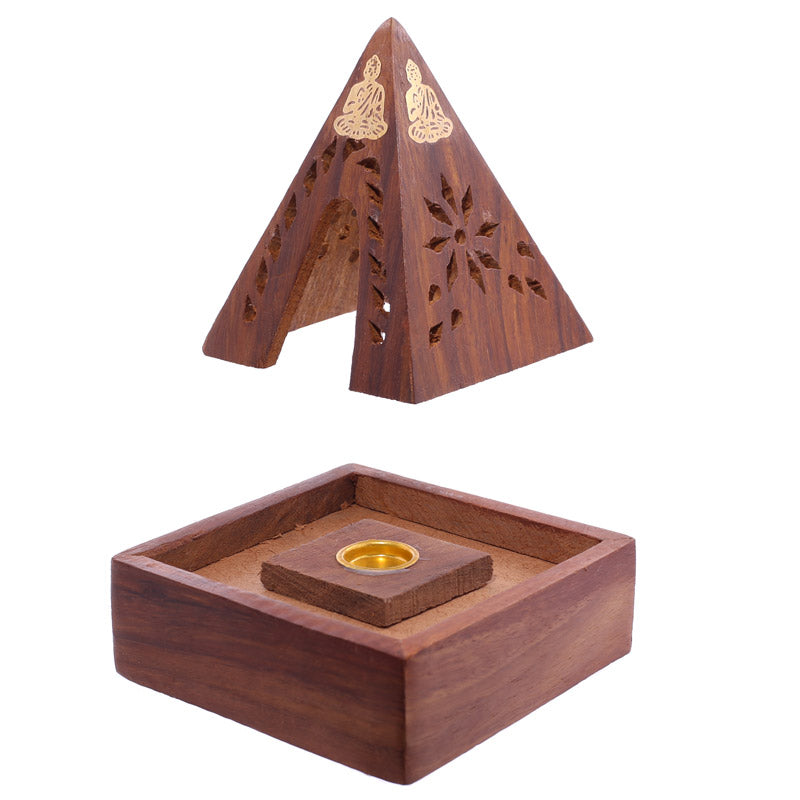 Wooden pyramid incense burner with decorative elements on a white background