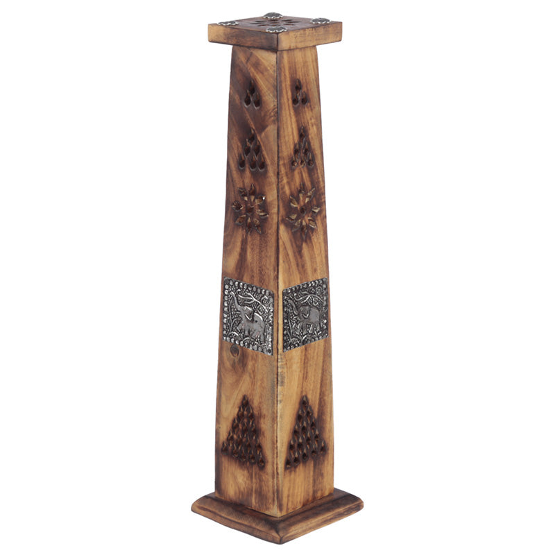 Decorative wooden column with metal accents on a white background
