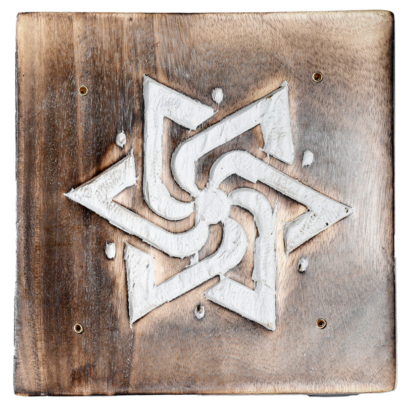 Mango Wood Square Carved Geometric Ash Catcher Incense Sticks Burner