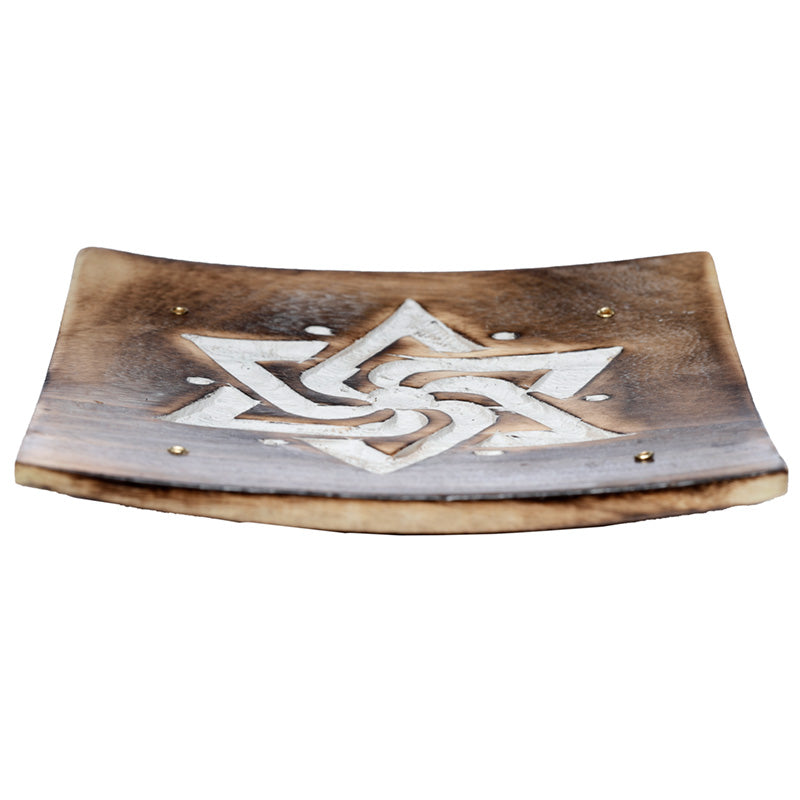 Mango Wood Square Carved Geometric Ash Catcher Incense Sticks Burner