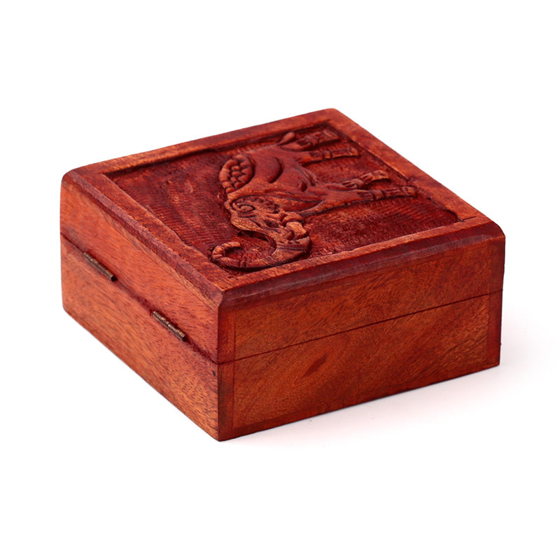 Wooden box with a lion emblem on a white background