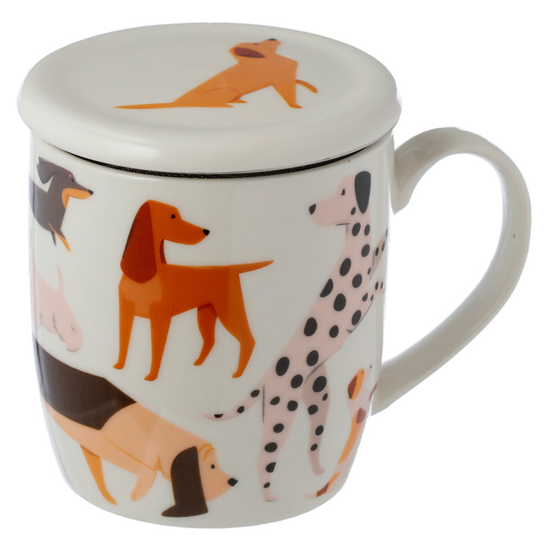 Mug with dog illustrations and a lid on a white background