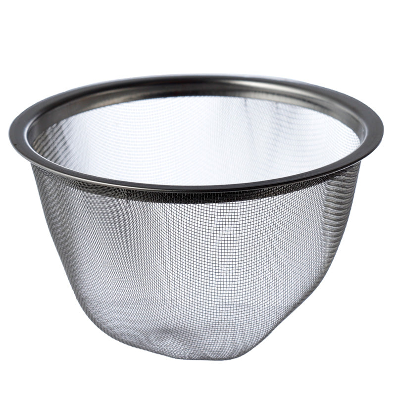 Metal mesh strainer with a black rim on a white background