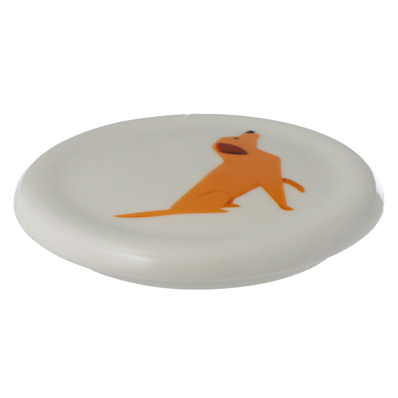 White frisbee with orange dog illustration on a white background