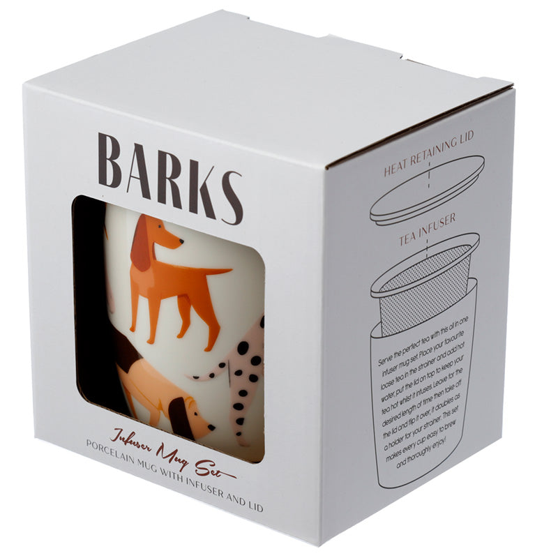 Boxed porcelain mug set with 'BARKS' branding and dog illustrations.
