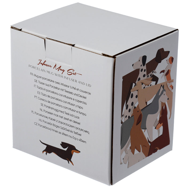 Box packaging for a porcelain mug set with dog illustrations on a white background
