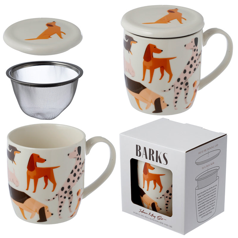 Set of mugs with dog pattern, a strainer, and packaging labeled 'Barks'.