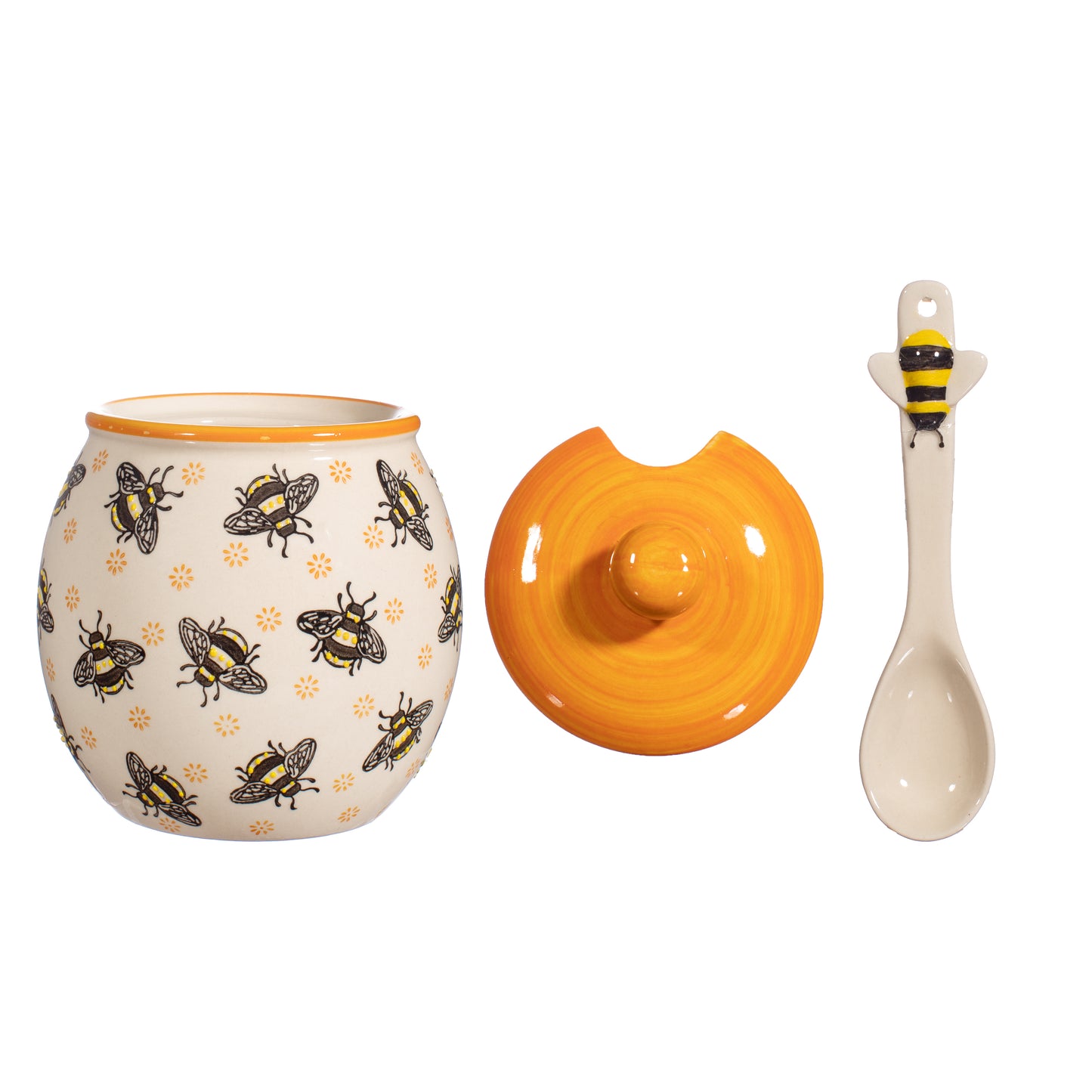 Bee themed honey jar on a white background