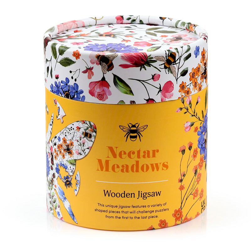 Floral-patterned cylindrical box with 'Nectar Meadows' branding on a white background