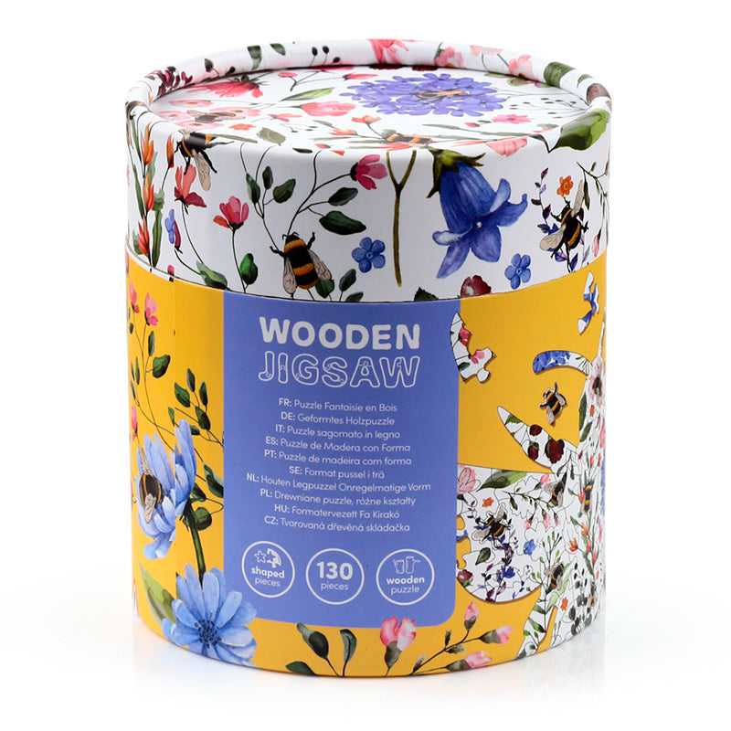 Floral-patterned wooden jigsaw puzzle box with colorful design
