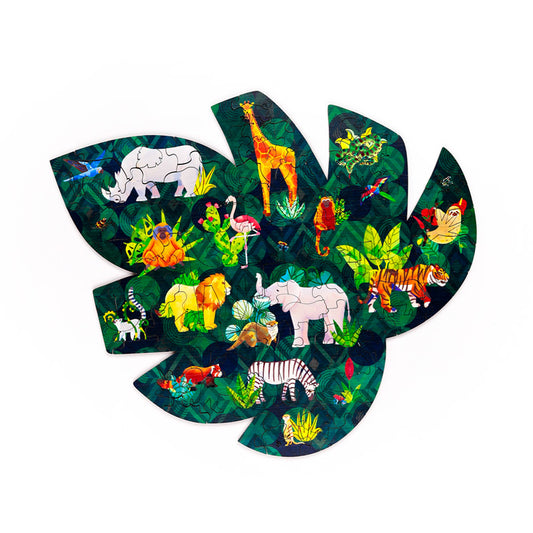 Jungle-themed children's puzzle with various animals on a white background