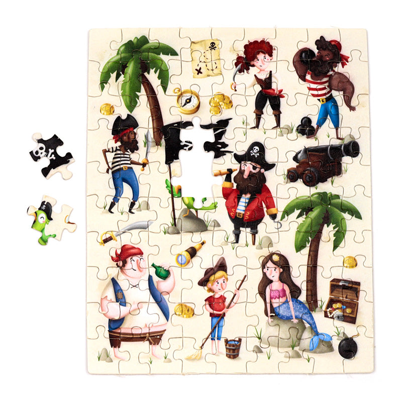 Pirate-themed children's puzzle with various pirate characters and elements on a beige background.