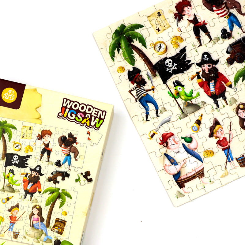 Pirate-themed wooden jigsaw puzzle with packaging on a white background